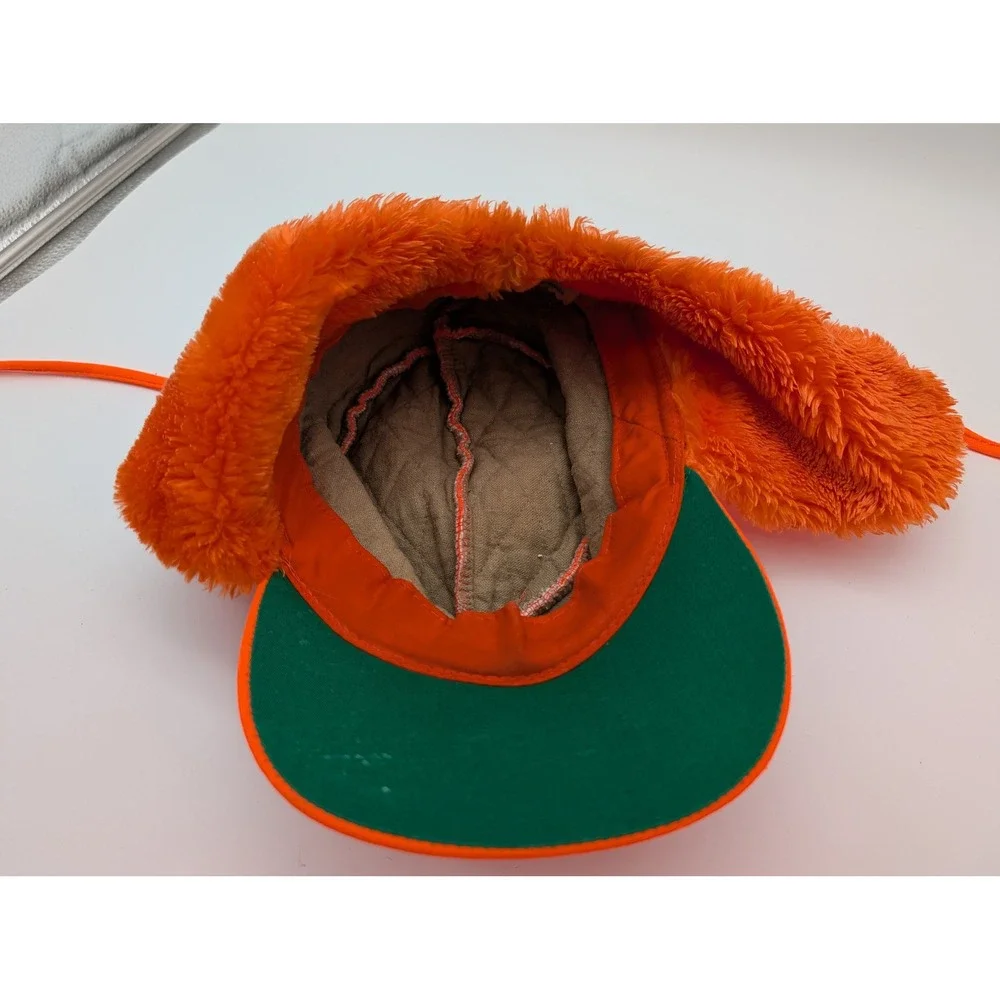 Vintage Blaze Orange Quilted Hunting Hat Ear Flaps Faux Fur Lined Trapper Cap